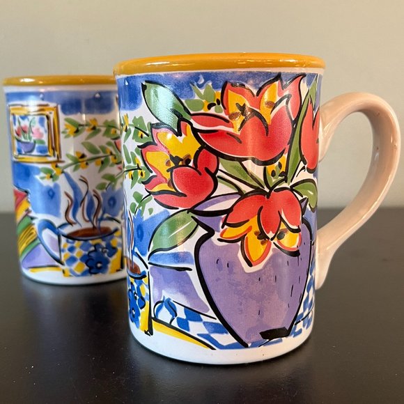 Pair of Vintage GIBSON Watercolor Floral Still Life Ceramic Mugs ~ Coffeehouse - Picture 1 of 7